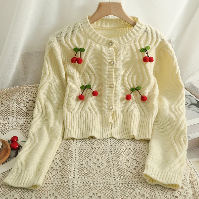 YuooMuoo Chic Fashion Cherry Knitted Cardigan Women Autumn Cute Button Up Oneck Long Sleeve Coat Streatwear Lady Y2K Sweaters 241225