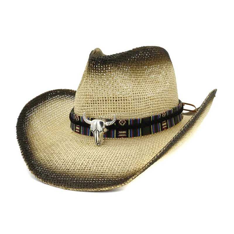 Black spray painted cow head decoration unisex womens Panama style hat wide brown sun visor Cs Per Str cowboy hat W241225