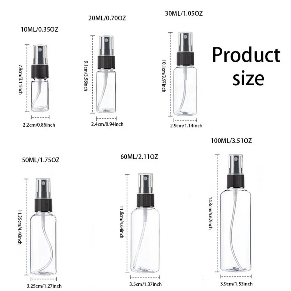 50PCS 10/20/30/50/60/100ml Clear Plastic Empty Spray Bottle with 2 Funnels Travel Bottles for Perfume Skin Toner Essential Oils 241225