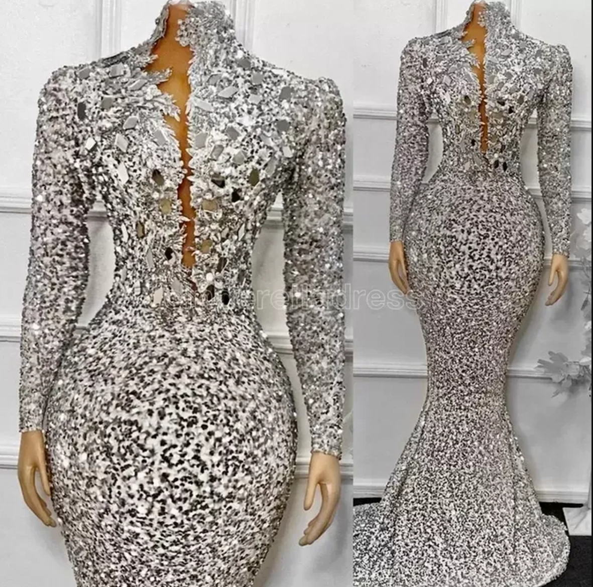 Sequins African Evening Dresses Long Sleeves Mermaid Women Formal Party Dress Sparkly Beaded High Neck Prom Gowns BC