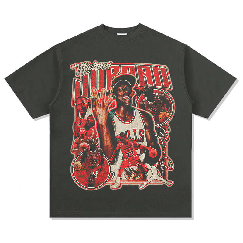 MJ Flying Man Printed Wide Short Sleeve T-shirt Washed American Pure Cotton Round Neck Hoodie