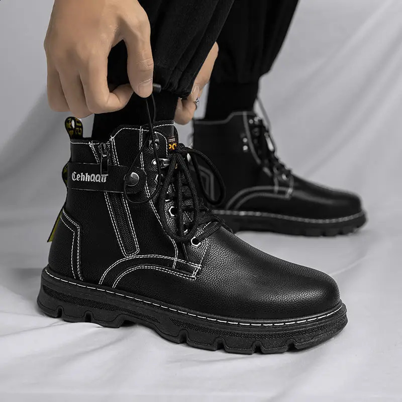 Man Shoes Waterproof High Cut Boots for Men Spring Autumn Lace Up Leather Black Classic Low Price Offer Fashion Sale Casual 241226