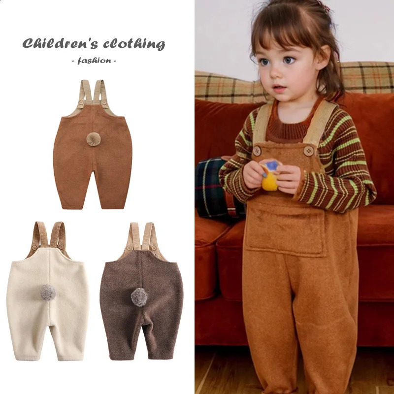 Retro Fashion Kids Over 2025 Spring Cute Rabbit Tail Girl Strap Pants Boys Baby Jumpsuit Years Childrens Clothing 241225