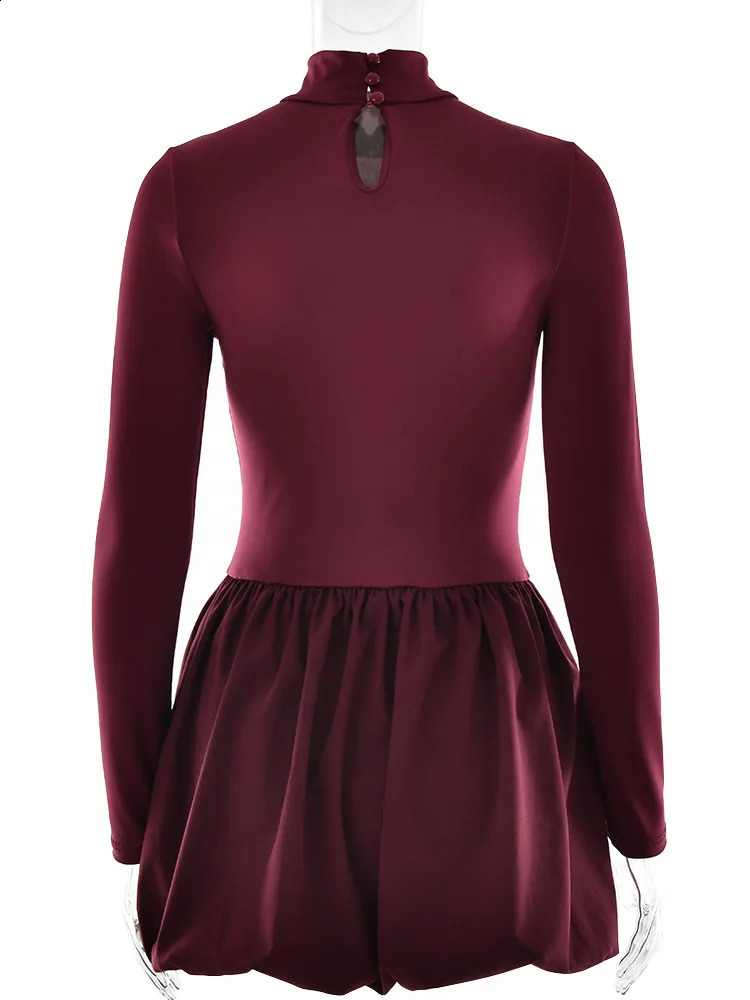 Mozision Turtleneck Long Sleeve Sexy Mini Dress For Women Robe Fashion Burgundy Patchwork High Waist A-line Club Pleated Dress 241224