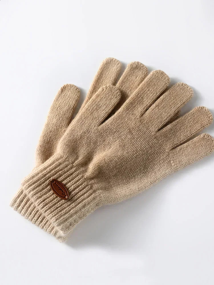 Women 100% Real Cashmere Knitted Thick Gloves Ribbed Cuff Fall Winter Touchscreen Finger Warm Wrist Length Classic Female Mitten 241226