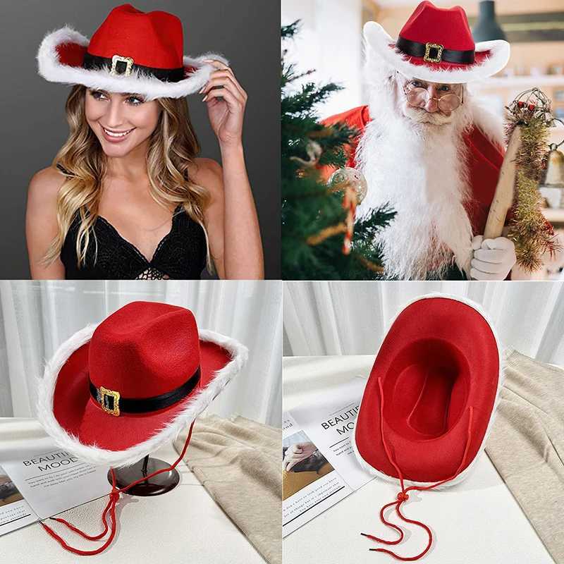 Christmas Red Cowboy Hat Winter Womens Feather Black Belt Soft Hat Adjustable Comfortable Santa Claus C W241225