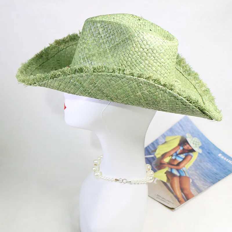 Grass green denim hat mens and womens denim hat str monochrome felt hat big brown outdoor beach rider hat W241225