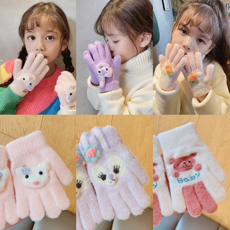 Winter Baby Girls Sweet Soft Cartoon Knitted Yarn Keep Warm Gloves Children Lovely Five Finger Gloves Kids Fashion Gloves 241226