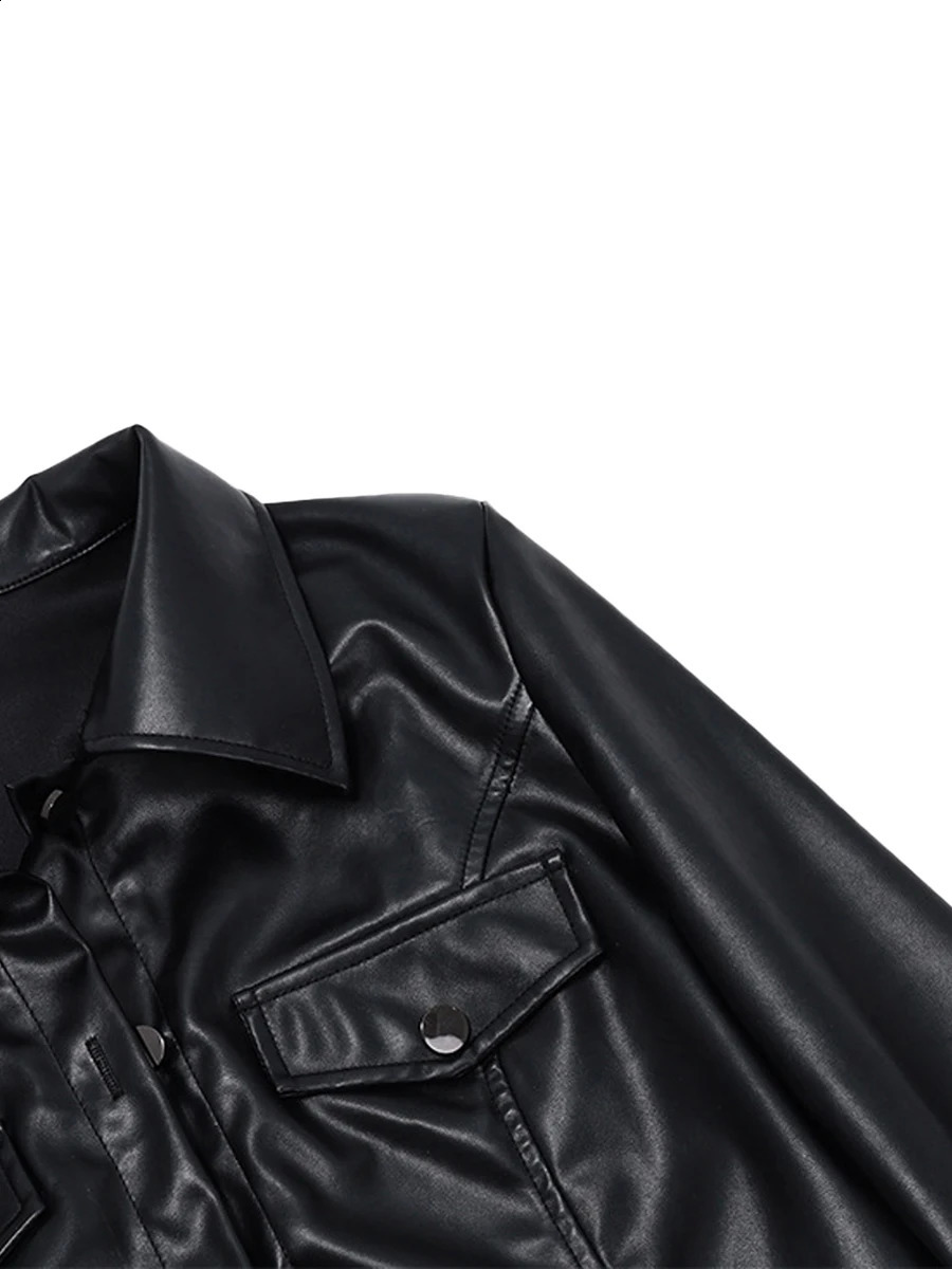 Womens y2k Black Faux Leather Crop Jacket Retro Long Sleeve Button Down Lapel Cropped Jacket with Pocket Casual Coat Streetwear 241226