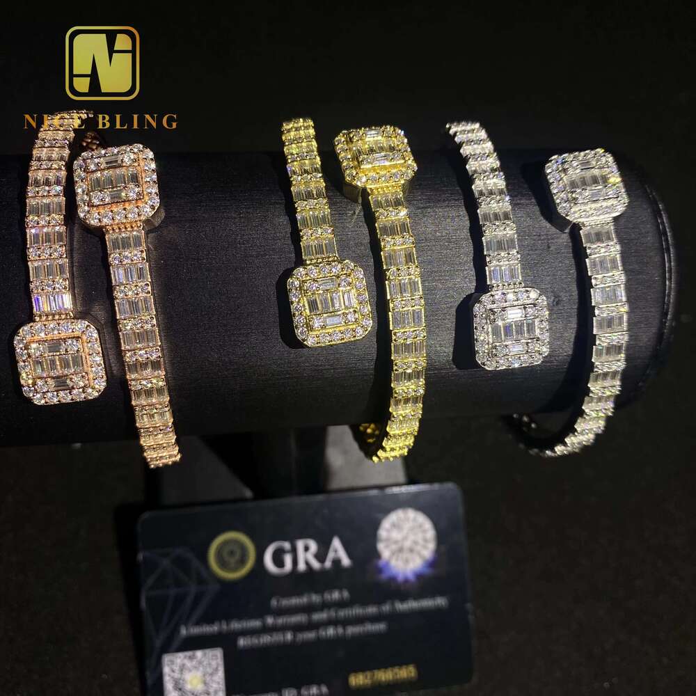 Fashion Iced Out Hip Hop Jewelry VVS Baguette Moissanite Dia Cuban K Chain Sterg Sier Bangle Bracelet