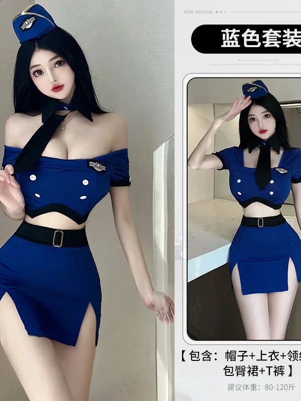 Fashion Uniform Blue Skirts Set Female Sexy Flight Attendant Uniform Sexy Gown Bandage Off Shoulder Top Jk Uniform 8TLR 241226
