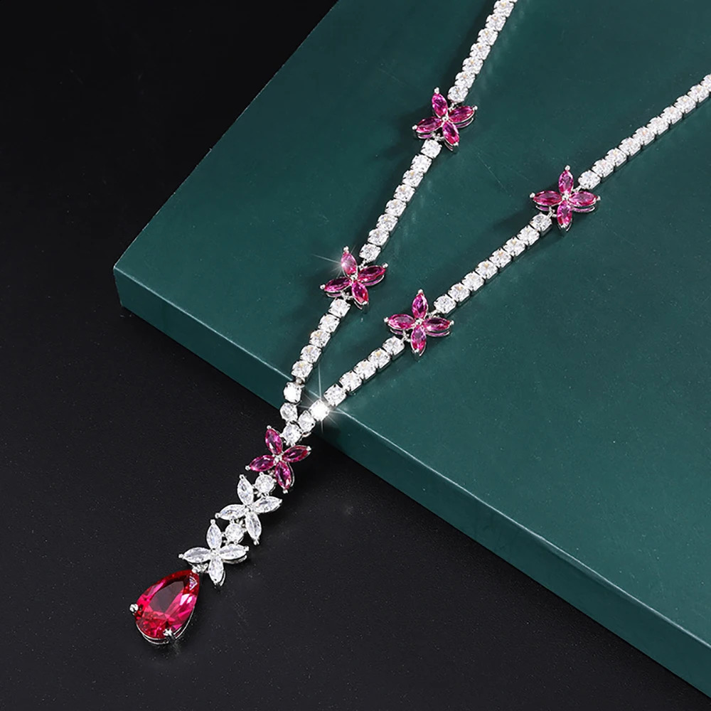 Sparkling 914MM Ruby Gemstone Pendant Necklace for Women y High Carbon Diamond Cocktail Party Fine Jewelry Birthday Gift 241226