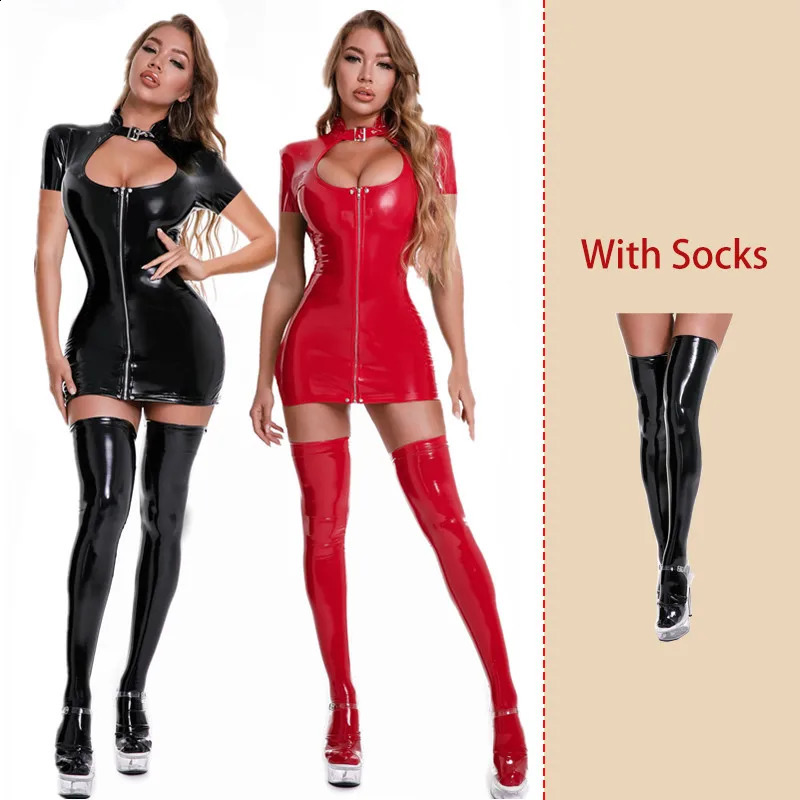 Womens Ladies Hollow Breast Out Sexy Dress Shiny PU Leather Front Zipper Latex Bodycon Mini Dress for Cocktail Party Clubwear 241226