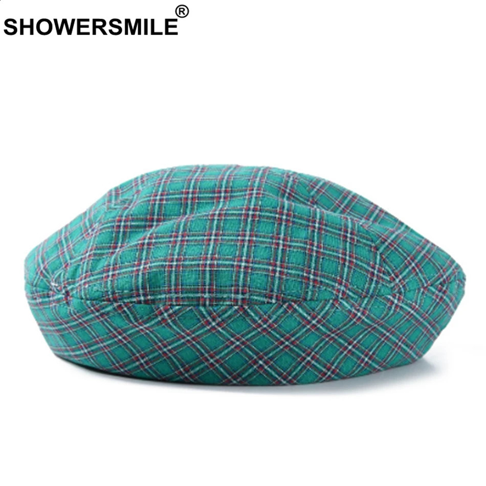 SHOWERSMILE Women Green Beret Checkered Cap Summer Style Vintage Artist Hat Famale Plaid Cotton Beret Hat Painter Cap Yellow Red 241226