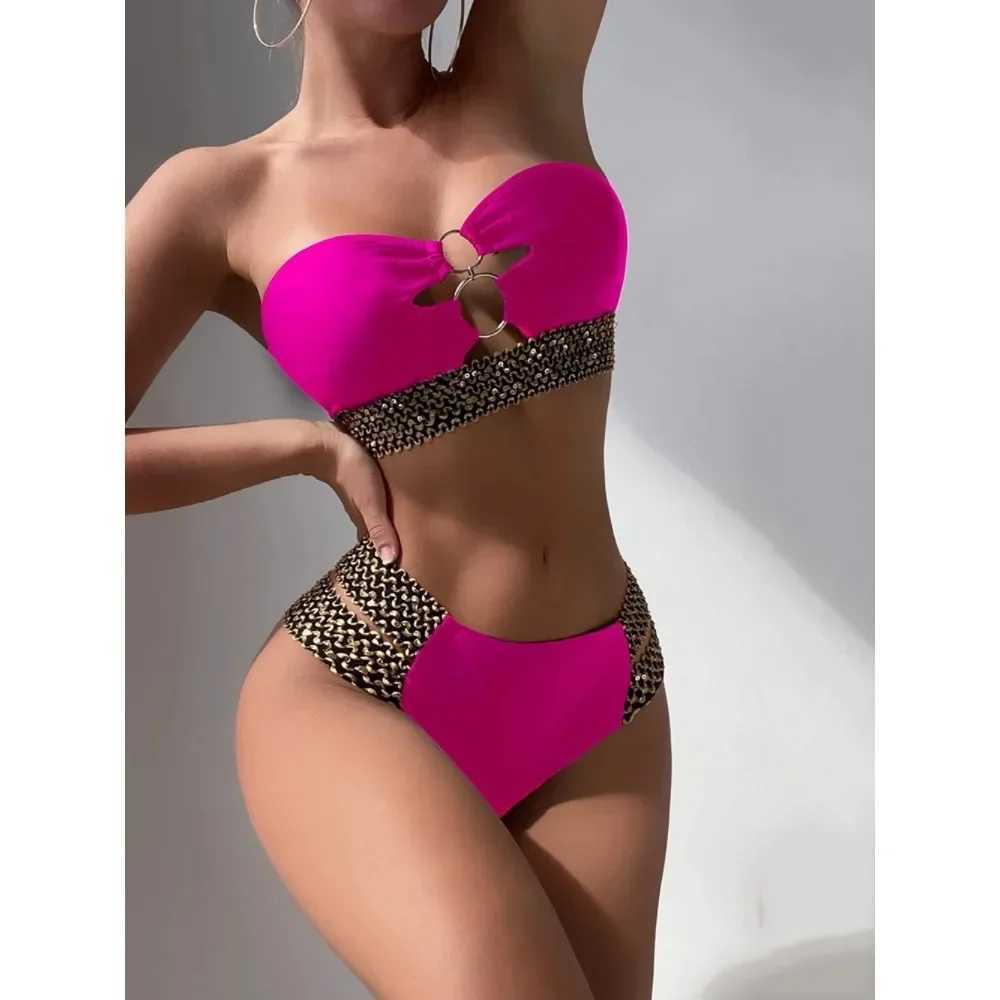Sexy strapless bikini set Bandeau swimsuit womens swimsuit womens sparkling belt bikini set two-piece swimsuit beachwearW241225