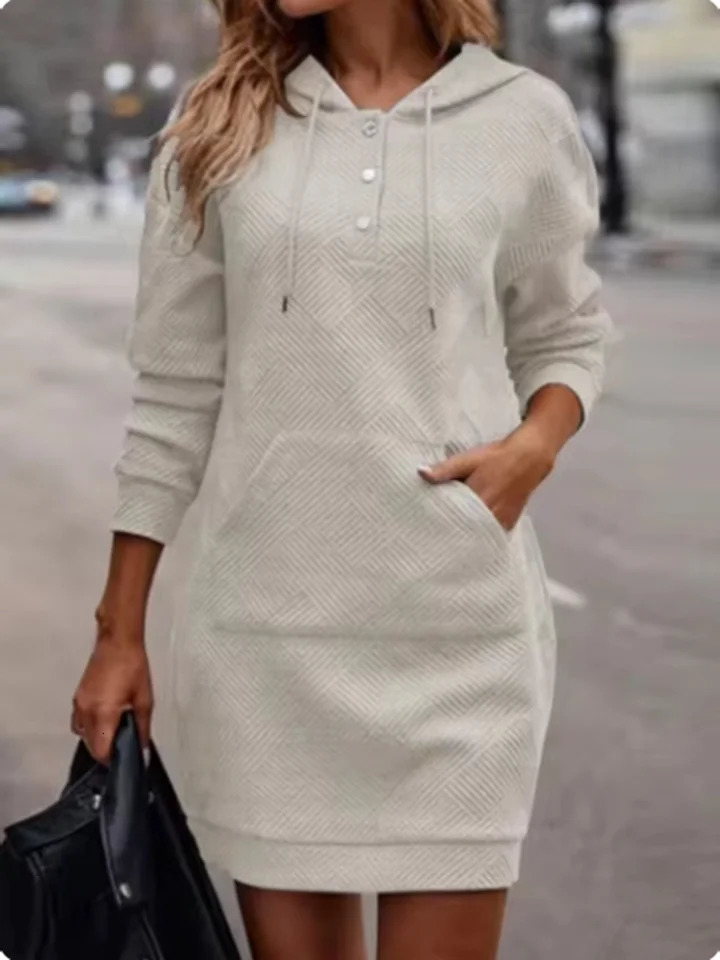 Button Hooded Pocket Pullover Top Womens High Street Casual Comfortable Autumn Winter Solid Color Mini Dress 241223