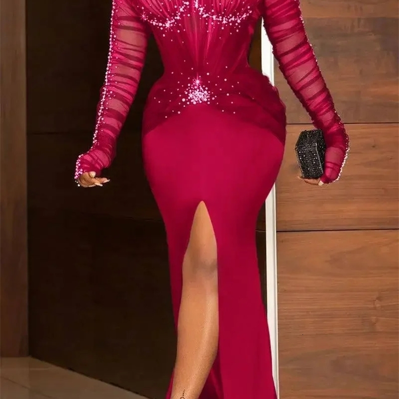 Plus Size Women Sequin Slim Paty Club Elegant Long Sleeve Ruched Rhinestone Pearl Decor Slit Train Maxi Dress Evening Dress 241225