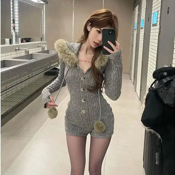 Jumpsuit Women Winter Versatile Fashionable Soft Lazy Slim Hooded Small Fur Collar Ins 241224