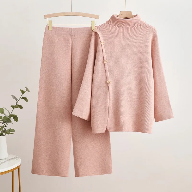 Warm Soft Knited 2 Piece Sets Fall Winter Button n Sweater Tops Conjunto Casual High Waist Baggy Wide Leg Pants Ensemble 241220