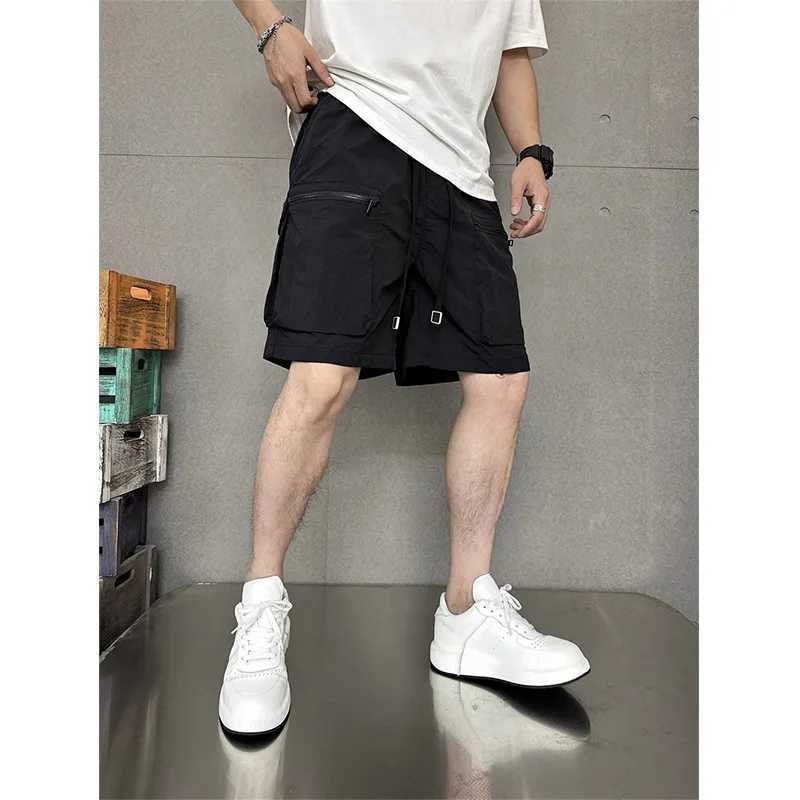 Summer mens shorts casual multi pocket loose sports straight leg cargo shorts mens elastic waist black mens shorts W241226