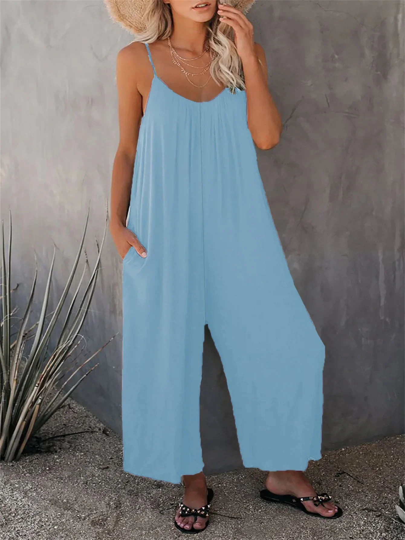 Boho Chic Ruched Jumpsuit with Adjustable Spaghetti Straps Flowy Wide Leg Sleeveless n Perfect Casual Summer Wear for Women 241224