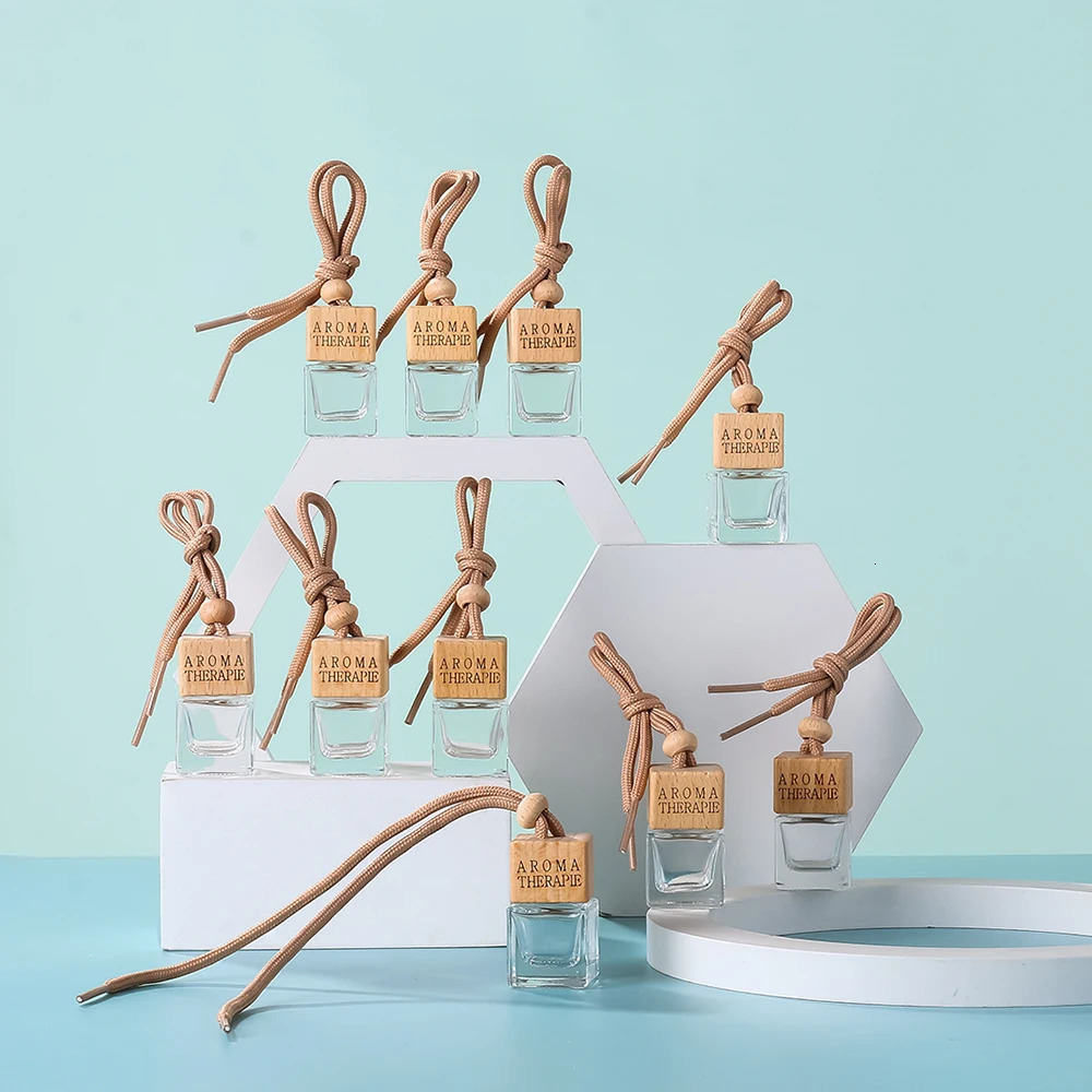 5/10 Pcs10ml Square Wooden Cap Essential Oils Clear Glass Car Hanging Diffuser Perfume Bottles With Free FunnelDropper 241225
