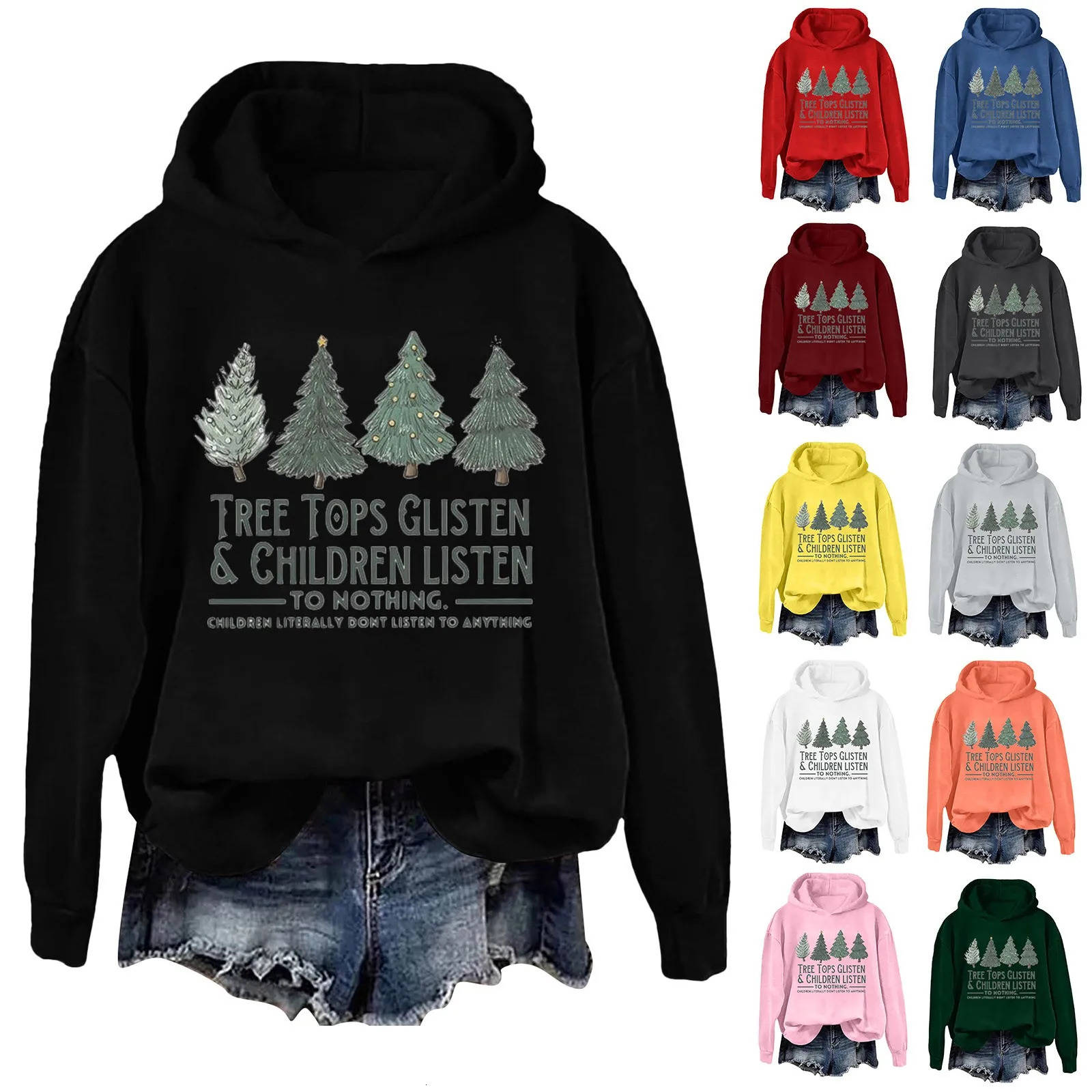 Christmas Tree Printed Sweatshirt Long Sleeve Casual Hoodies Loose Fit Graphic Hooded Pullover 241225