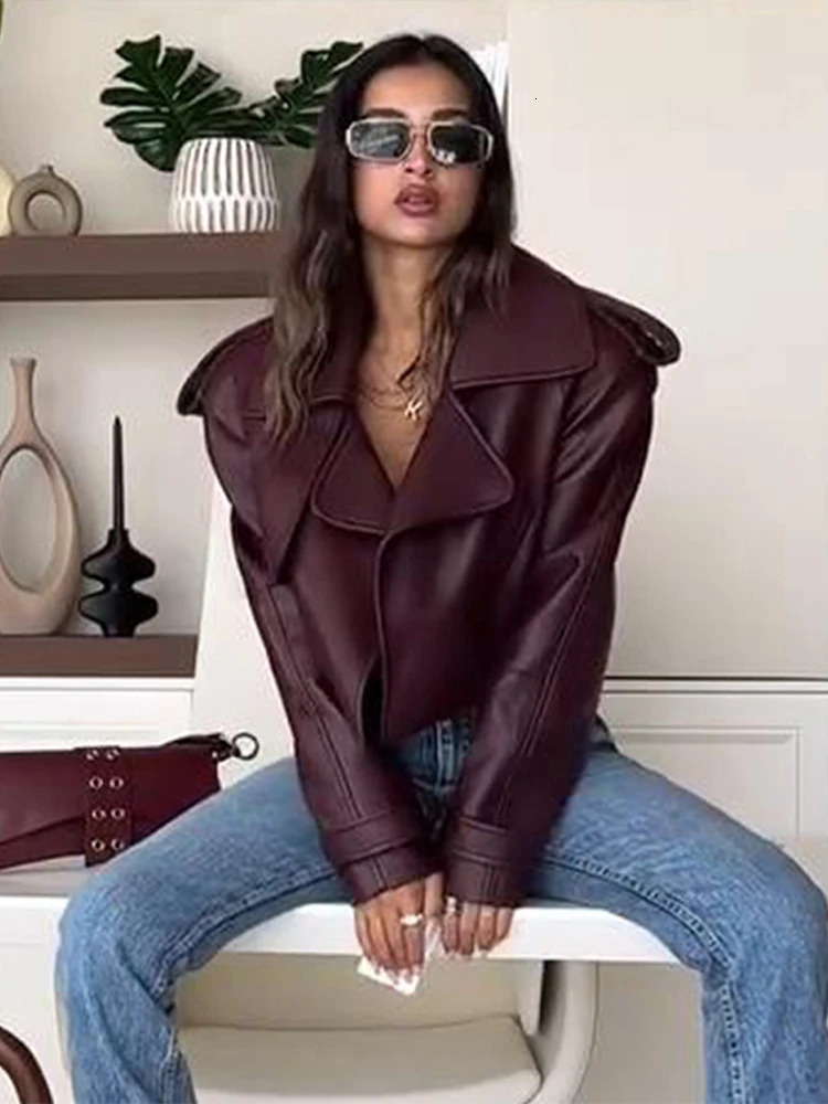 Vintage Pu Leather Women Short Jacket Fashion Lapel Collar Loose Long Sleeves Coat Female Autumn Locomotive Ladies Streetwear 241223