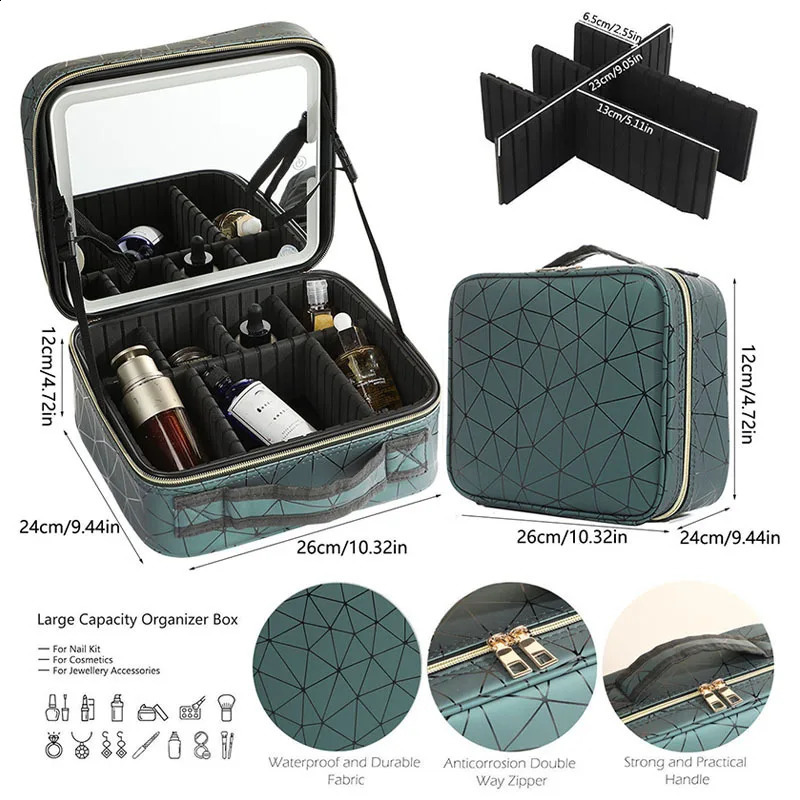 Travel Makeup Bag With Mirror LED Lighted Adjustable Dividers Cosmetic Case Portable Artist Beauty Nail Tool Makeup Case Female 241226