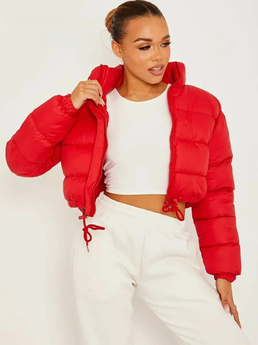 Winter Womens Puffer Jackets Solid Long Sleeve Stand Collar Loose Thicken Keep Warm Zipper Short Casual Parkas Coat