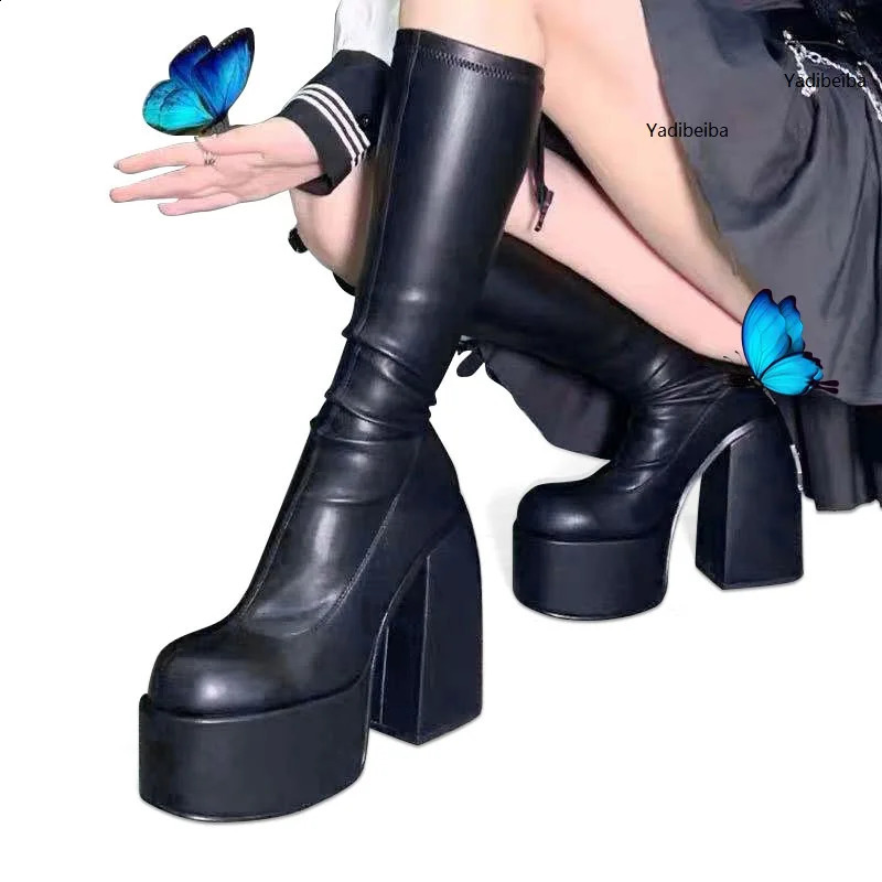 Punk Style Autumn Winter Boots Elastic Microfiber Shoes Woman Ankle Boots High Heels Black Thick Platform Long Knee High Boots 241226
