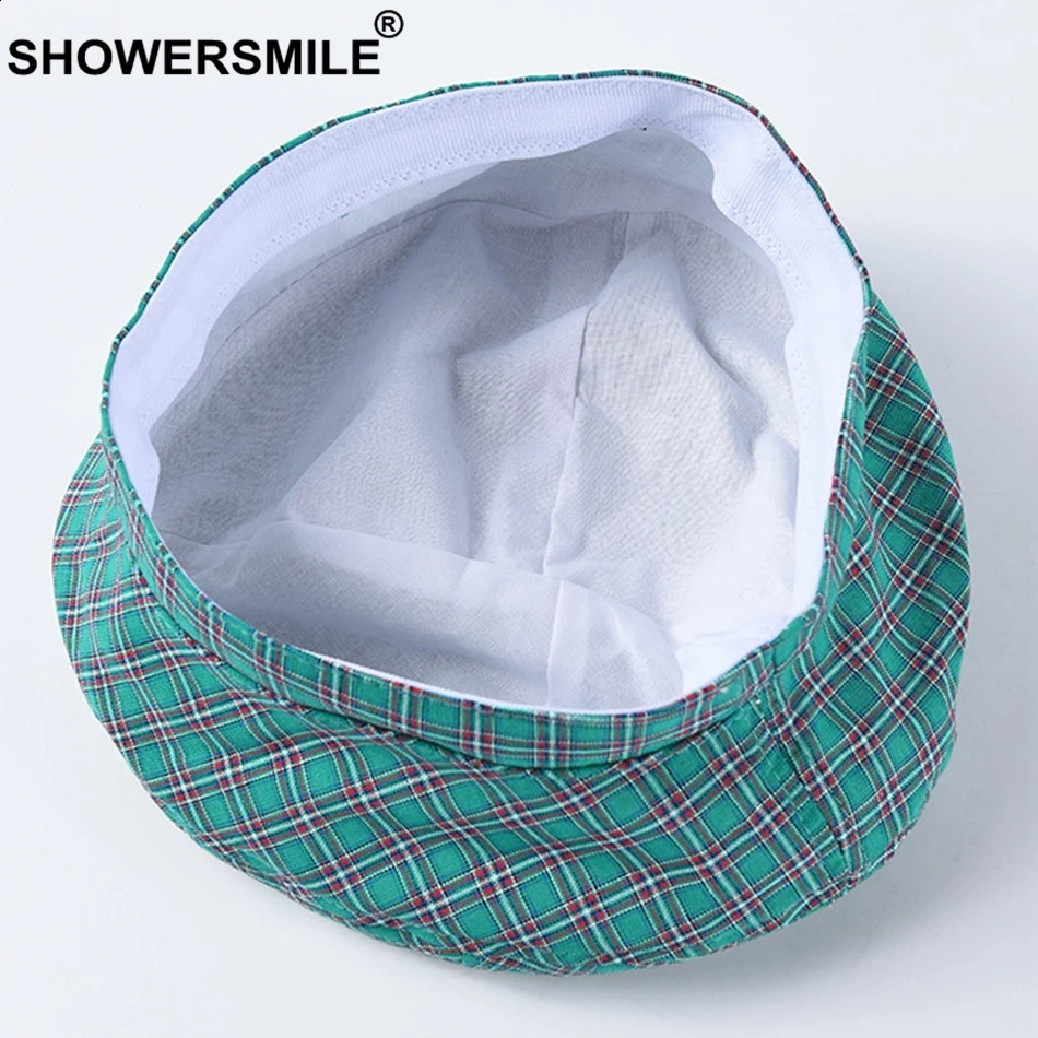 SHOWERSMILE Women Green Beret Checkered Cap Summer Style Vintage Artist Hat Famale Plaid Cotton Beret Hat Painter Cap Yellow Red 241226