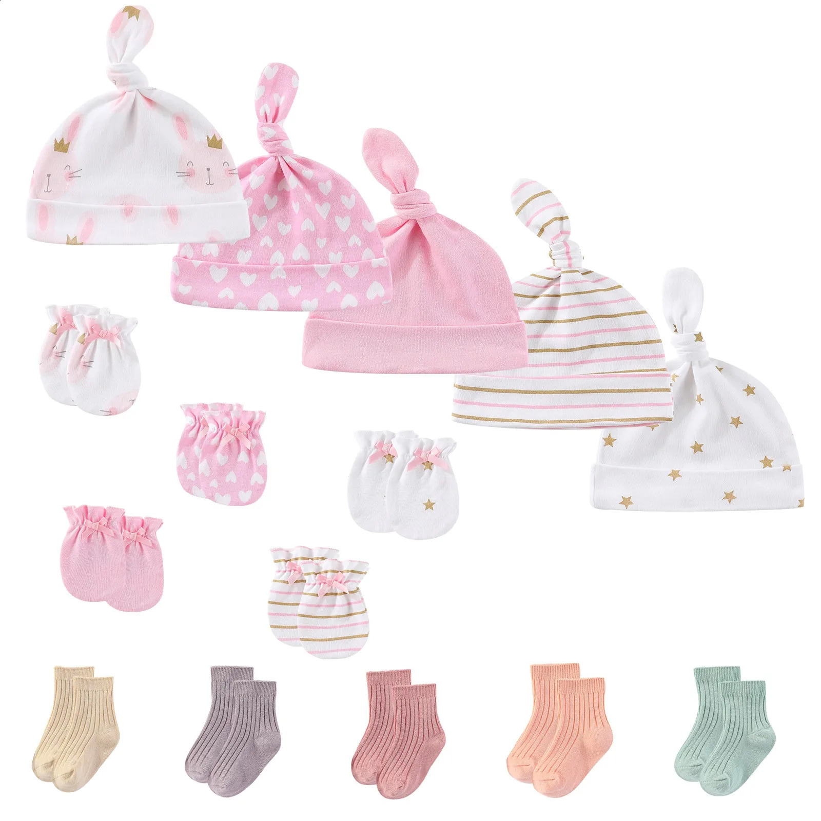15Pieces born Baby Boy Girl HatsGlovesSocks Sets Print 100%Cotton Headwear Solid Color 06M Infant Supplies Accessories 241225