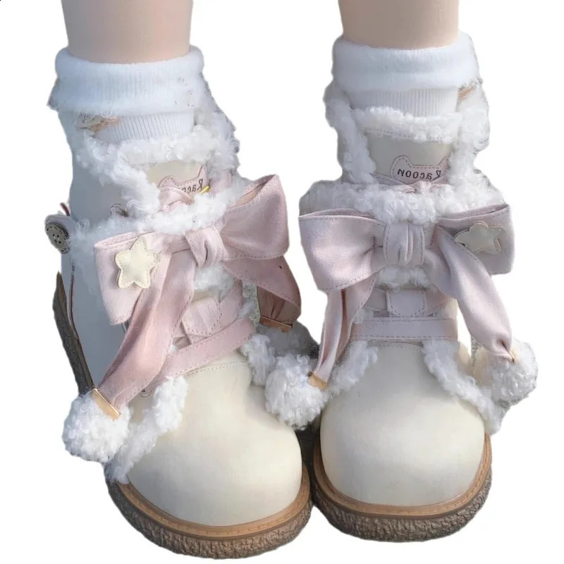 Trendy Mid-term Plush Boots 2024 Winter Plush Cute Flat Bottomed Round Bow Casual Womens Snow Boots Zapatos Mujer Sneakers241226