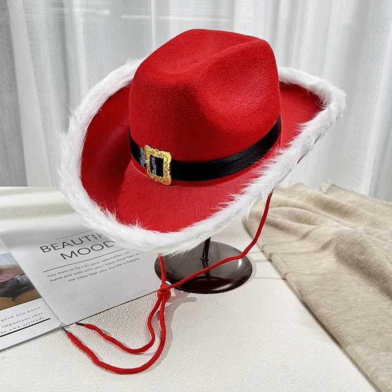 Christmas Red Cowboy Hat Winter Womens Feather Black Belt Soft Hat Adjustable Comfortable Santa Claus C W241225