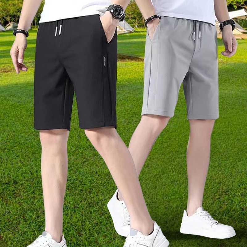 Mens summer casual shorts with elastic waist brushed straight solid color ice silk sports thin pockets knee pants mens clothing W241226