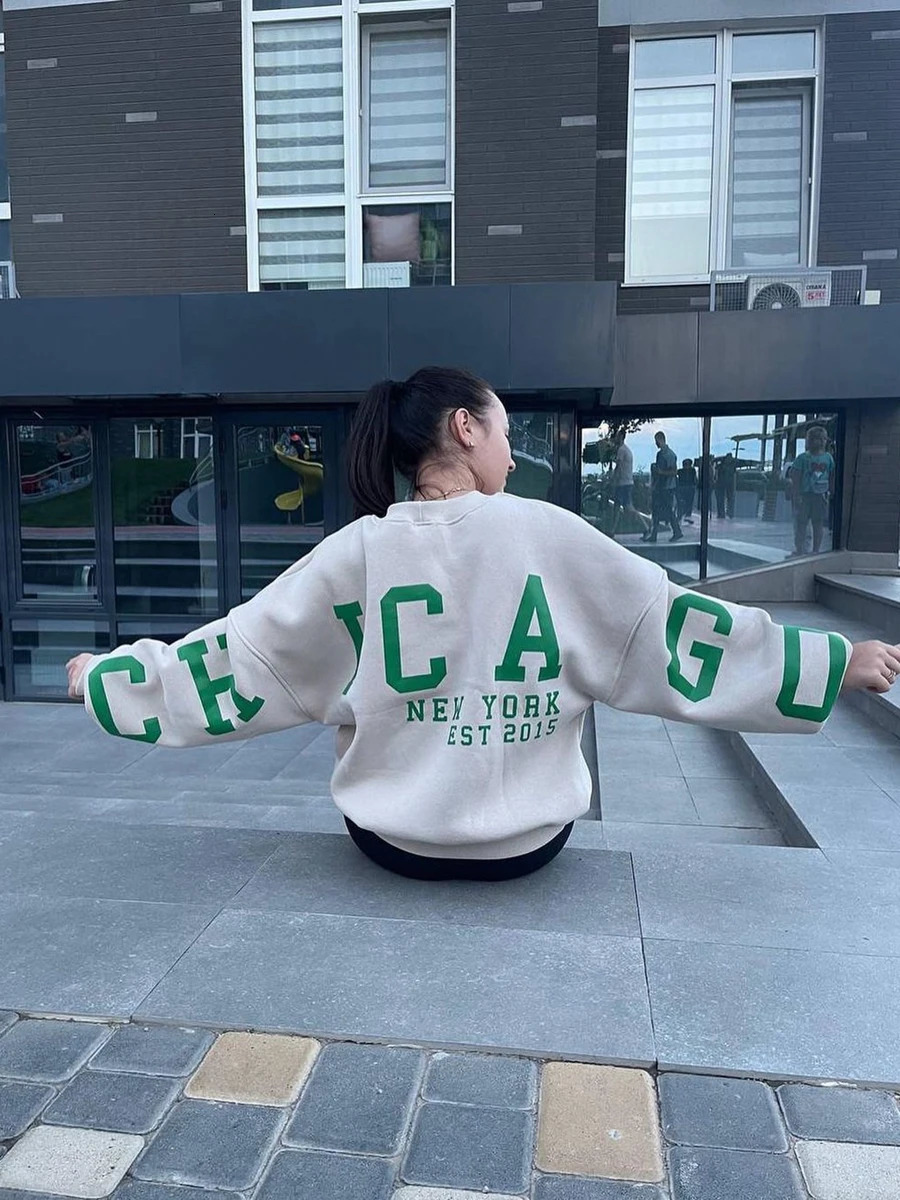 Women Grunge Loose Pullover Sweatshirts Back Letter Print Casual Thickened Long Sleeve Tops Autumn Streetwear 241225