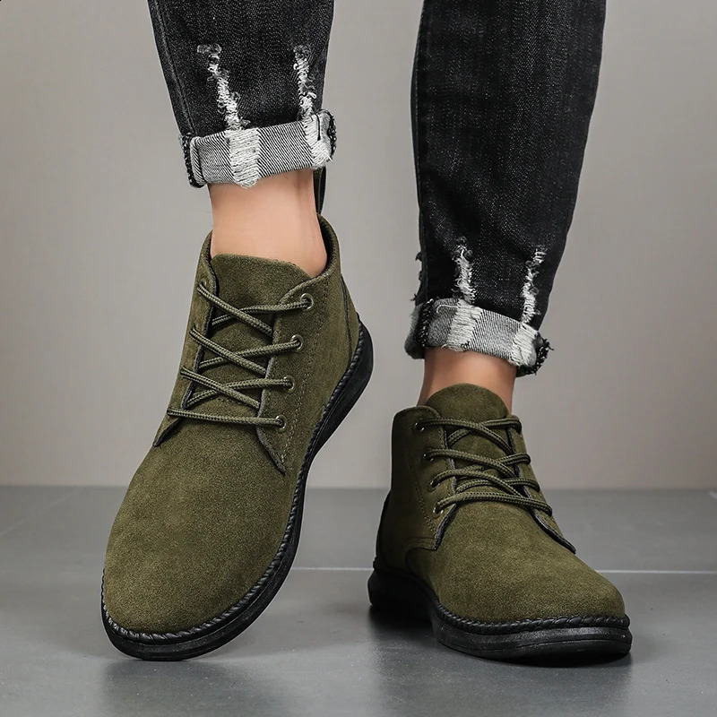 High Top Casual Board Shoes Mens Lace Up Suede Black Flat Bottom Short Boots Mens Chelsea Boots High-quality Denim Boots241226
