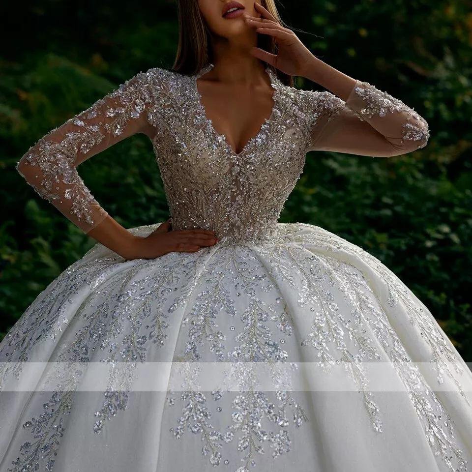 Crystals Appliques Long Sleeves Wedding Dresses A Line Sexy Ball Gowns Bride Gowns Elegant Formal Beach Bridal Party Woman's Vestidos