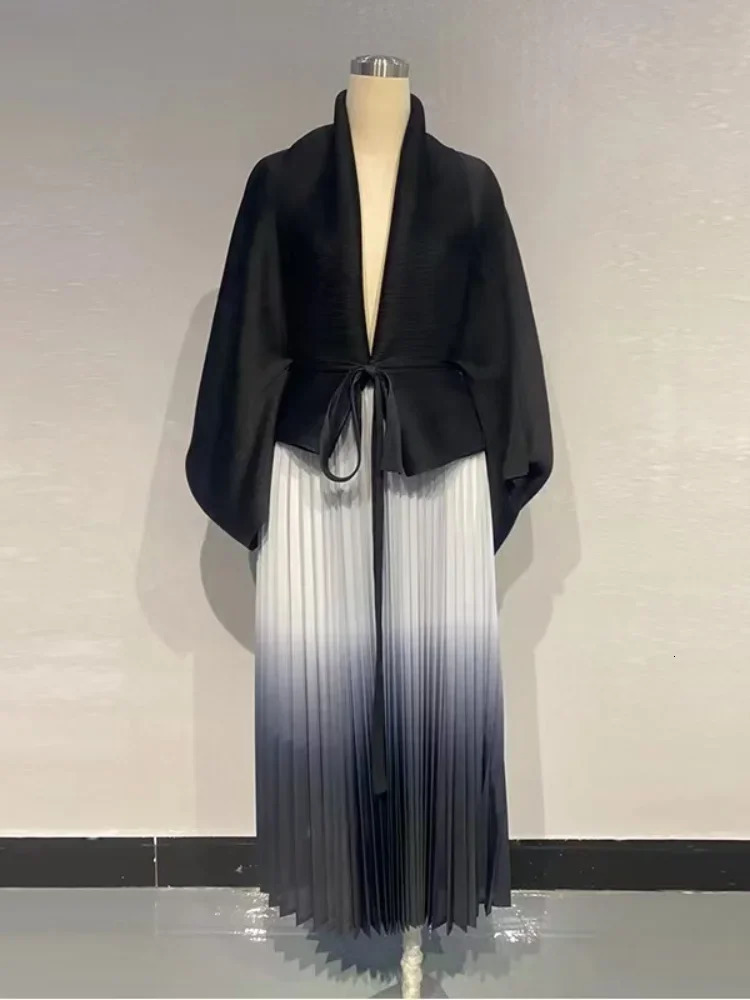 EGRM Gradient Pleated Fashion 2 Piece Set Women Belt Batwing Sleeves Tops Aline Long Dresses Elegant Party Sets 32C1389 241220