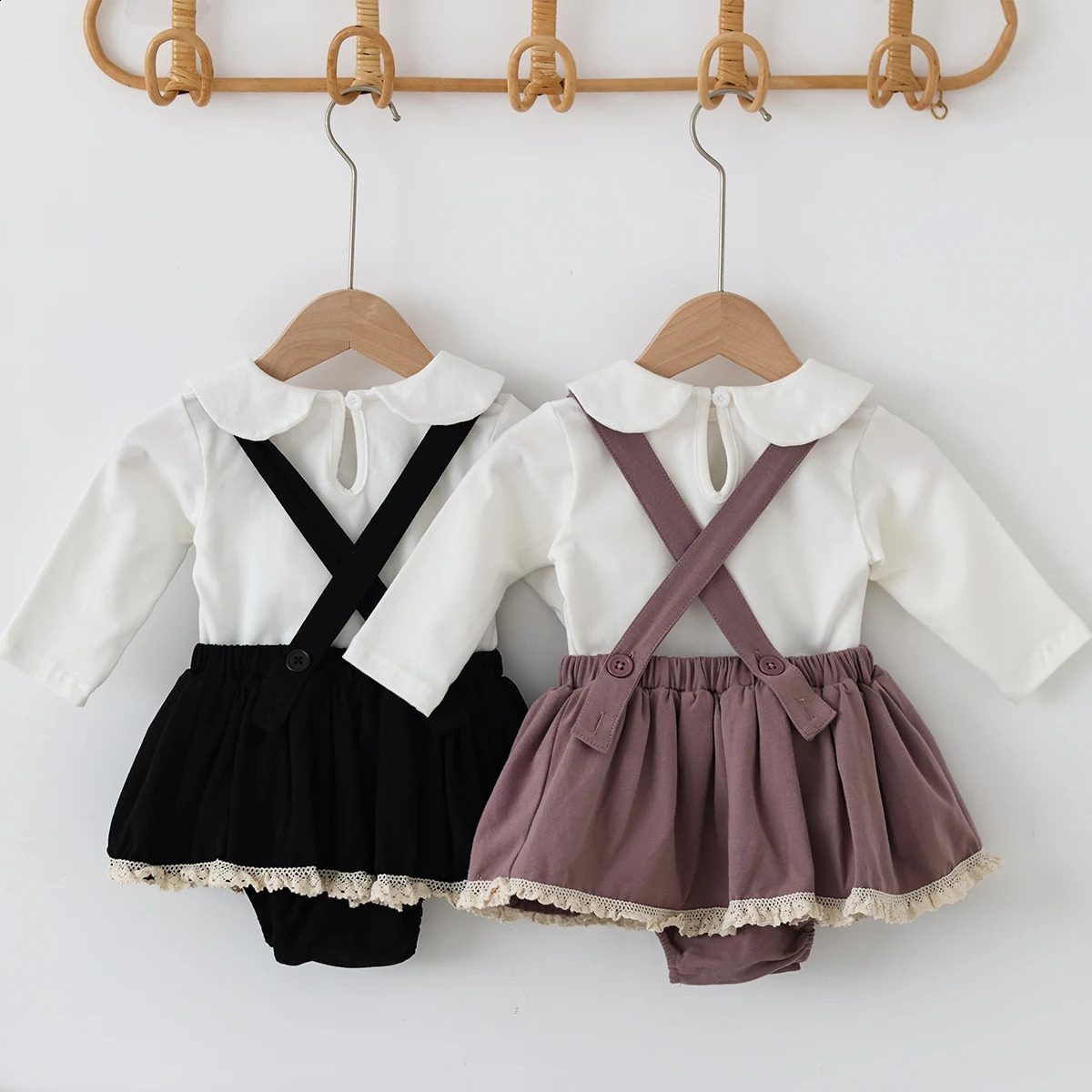 Girls College Style suit Childrens Korean Doll Collar Shirt Lace Strap dress TwoPiece Set 241225