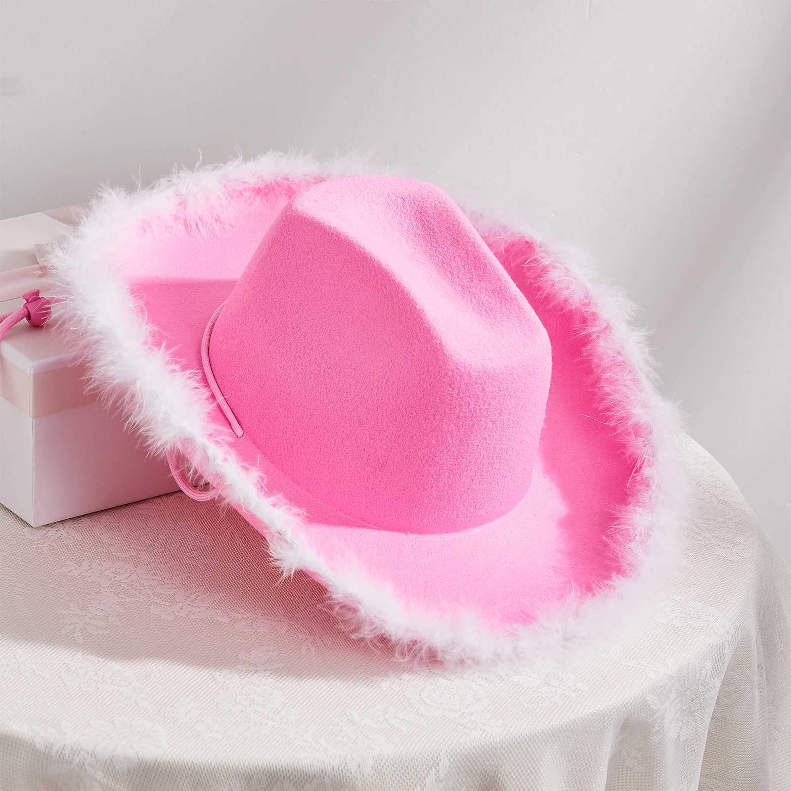 Womens denim hat solid color fuzzy decoration wide Brim C sun hat party fashion W241225
