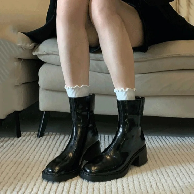 Black Omens Shoes Genuine Leather Womens Boots Thick Soled Coarse Boots Womens Solid Color Womens Shoes High Heel Boots 241226