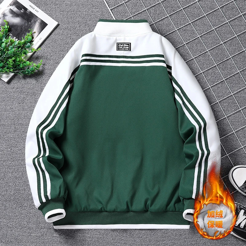 Mens Stand Collar Thick Jacket Autumn Winter Korean Trendy Striped Spliced Long Sleeve Zipper Pocket Loose Cardigan Casual Coat 241225