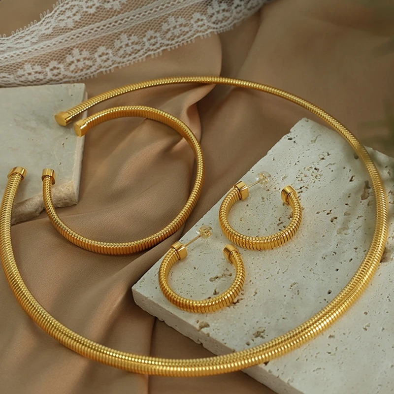 Hip-hop Style High-end Gold Color Retention Set European Style Heavy Metal Exaggerated Thread Large Necklace Bracelet Earrings 241226