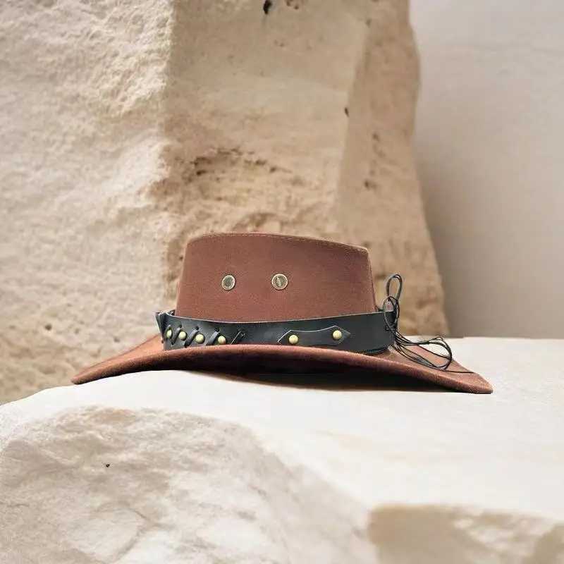 Artificial suede western cowboy hat wide brown retro big edge gentleman cowboy girl brown jazz hat holiday party role-playing hat W241225