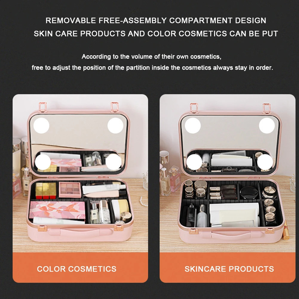 Smart LED Makeup Bag With Mirror Large Capacity Compartments Waterproof PU Leather Travel Cosmetic Case For Women 241226