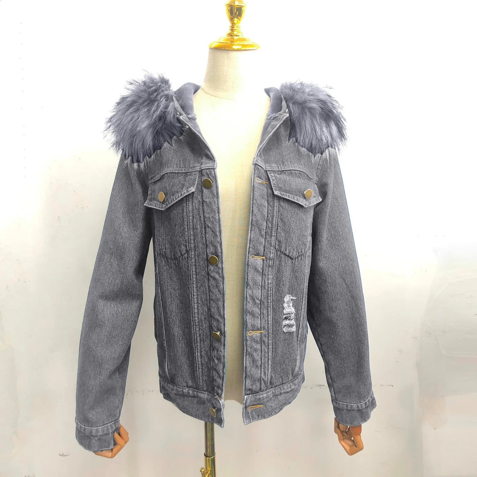 Womens Fleece Extra Thick Long Sleeve Collar Denim Solid Color Ripped Old Jacket 241220
