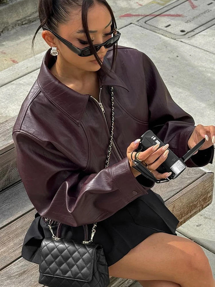 Women Zipper Leather Bomber Jackets Coats Turndown Collar Long Sleeve Top Coat Motorcycle 2024 Autumn Vintage Chic Lady Outwear 241223