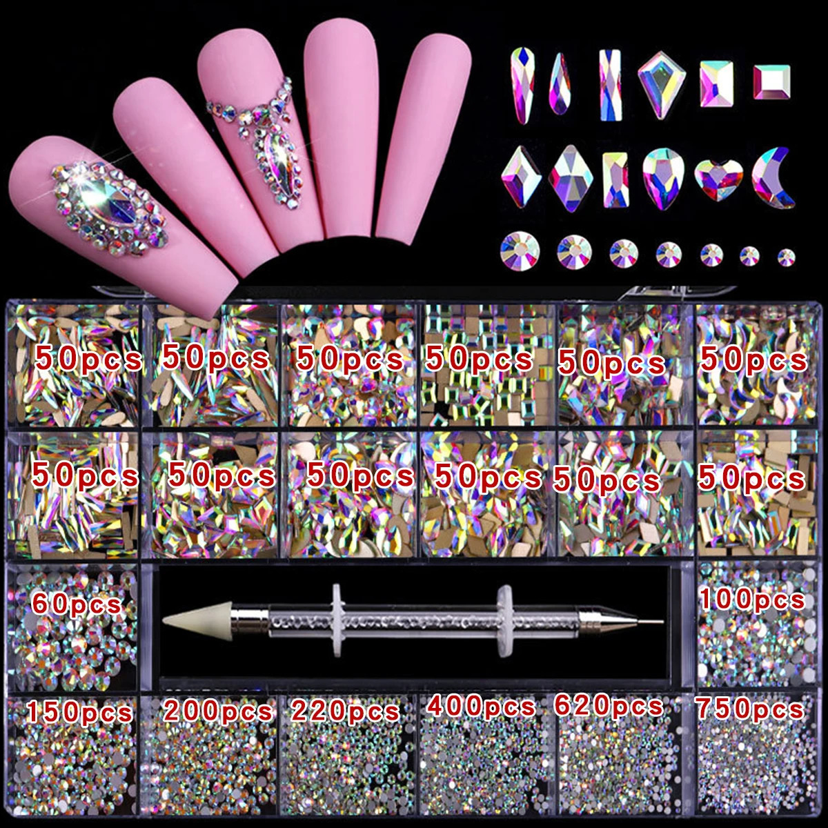 21 grid rhinestone box mixed nail diamond Flat glass shaped diamond DIY nail rhinestone nail jewelry set 241226